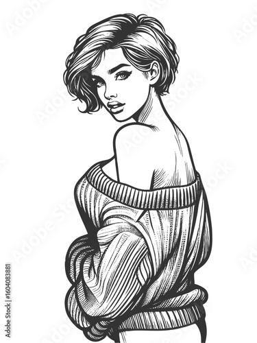Woman in Sweater revealing shoulder sketch engraving generative ai fictional character vector illustration. Scratch board imitation. Black and white image.