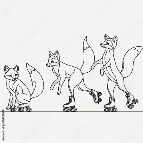 Three foxes roller skating in a dynamic style on a white background with copy space