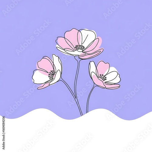 Minimalist Floral Line Art with Pink Accents on a Lavender Background and White Wavy Border