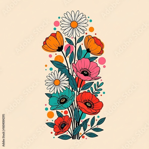 Colorful Retro Floral Arrangement with Daisies and Poppies on a Cream Background for Springtime Designs and Invitations