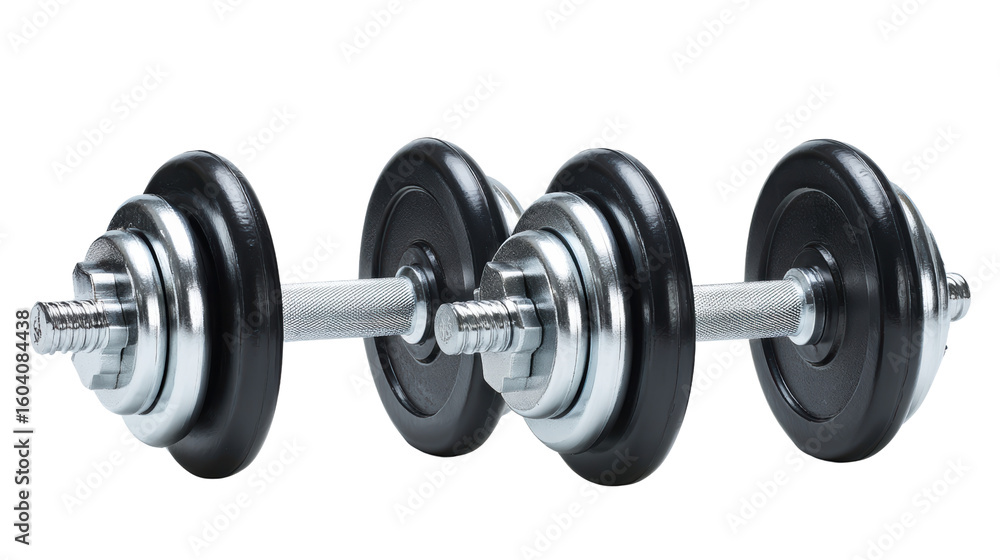 Naklejka premium Black dumbbell with silver accents isolated on a white background.