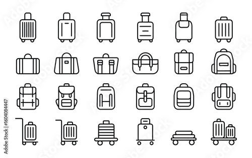 Travel & Luggage Bags Icon Set - Suitcase, Backpack, Handbag, Briefcase, and Airport Baggage Trolley Vectors