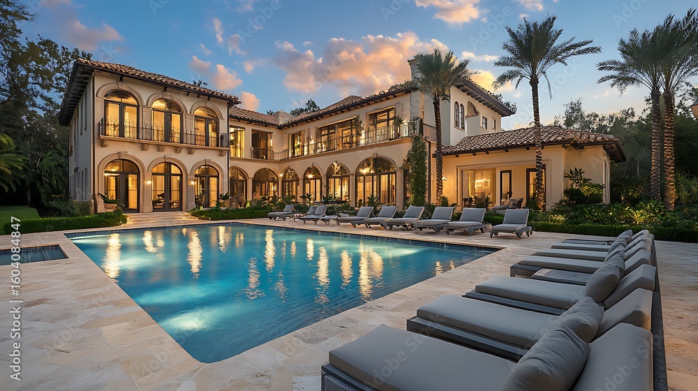 Fototapeta premium Mediterranean style mansion with luxury swimming pool and chaise lounges during beautiful dusk