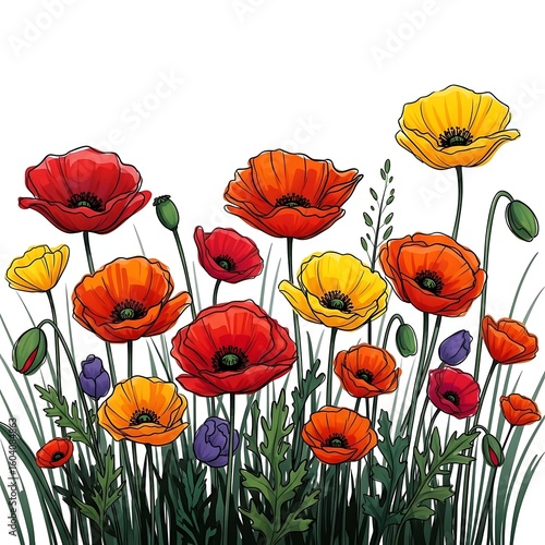 Colorful Poppy Flower Field Illustration with Red Orange and Yellow Blossoms on a White Background
