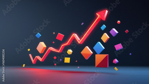 Abstract 3D Business Growth Concept with Floating Geometric Shapes and Upward Red Graph on Dark Background