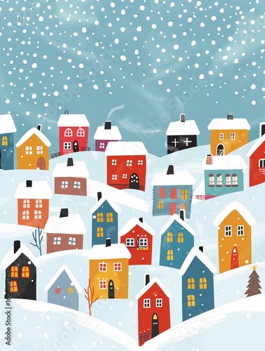 Peaceful snowy postcard of traditional village with Christmas lights and decor