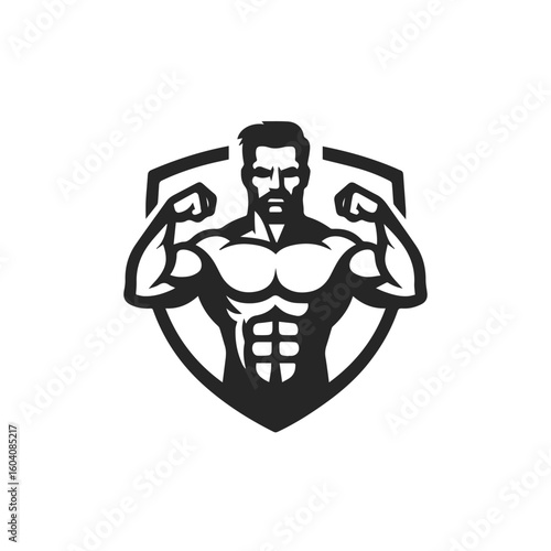 Muscular fighter inside shield emblem vector logo, isolated on white background, generative ai