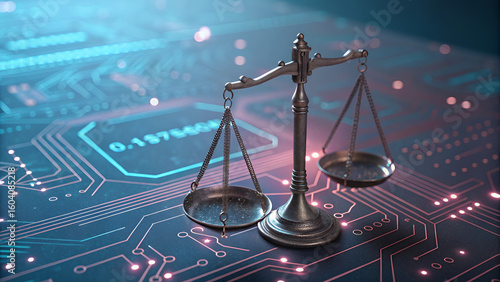 A balance scale on a circuit board background representing digital law and ethical technology use cases