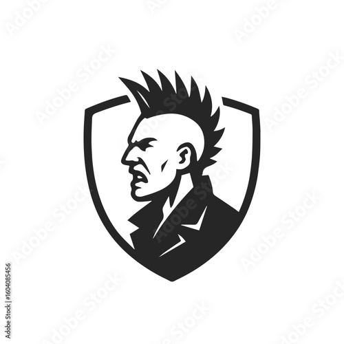 Punk rocker head inside shield emblem vector logo, isolated on white background, generative ai