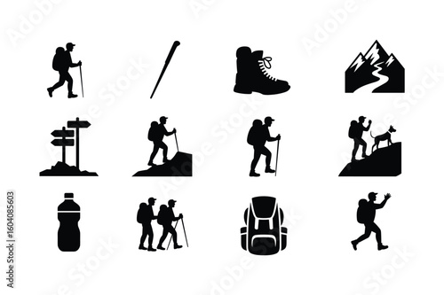Silhouette icons depicting hiking and outdoor activities trekking mountaineering