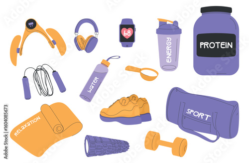 Set of different fitness themed elements. Vector illustration, hand drawn.