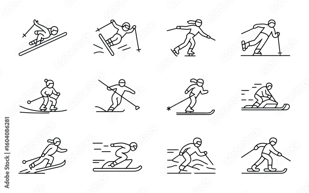 Fototapeta premium Winter Sports & Skiing Icon Set - Skier, Snowboarding, Ice Skating, Slalom, and Outdoor Activity Vectors