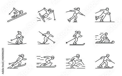Winter Sports & Skiing Icon Set - Skier, Snowboarding, Ice Skating, Slalom, and Outdoor Activity Vectors