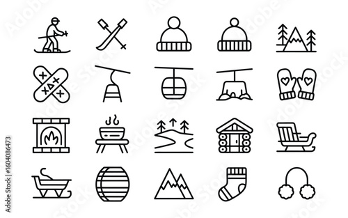 Winter Sport & Mountain Activity Line Icons: Skiing, Cabin, Fireplace, Snow & Cold Weather Vector Set