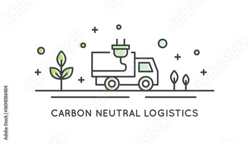 Minimalistic CO2 neutral supply chain icons. Green logistics, eco delivery, sustainable packaging, carbon-free transport, emission reduction, climate action. Clean vector for ESG content