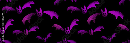 Seamless Halloween pattern with grainy purple bats on a black background. Playful spooky design, festive wallpaper, party decorations, backdrop for holiday designs, print, fabric.