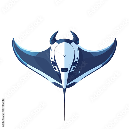 A sleek, horned, robotic manta ray with blue and white armored plating, viewed from above.