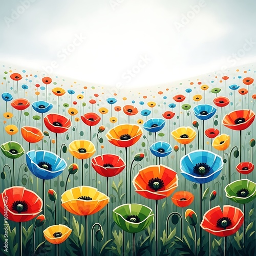 Colorful Poppy Field Illustration with a Bright and Cheerful Design for Spring and Summer Themes and Backgrounds