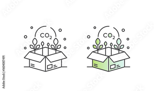 Minimalistic CO2 neutral supply chain icons. Green logistics, eco delivery, sustainable packaging, carbon-free transport, emission reduction, climate action. Clean vector for ESG content
