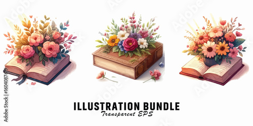 Vector art of books with floral arrangements in a bundle