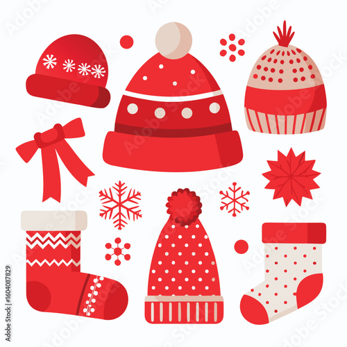 Christmas Colorful Vector Set of Red and White Winter Holiday Accessories on White Background