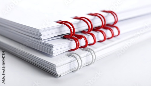 Stack of white documents with red and silver spiral binding