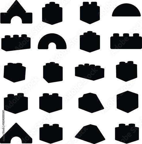 Extensive Construction Blocks and Geometric Shapes Icon Set Vector: Black Silhouettes of Interlocking Bricks, Arches, Half-Circles, and Triangular Elements – Monochrome Graphic Collection for Play.