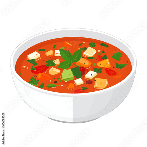 Hearty tomato vegetable soup with feta cheese and fresh basil in a white ceramic bowl.