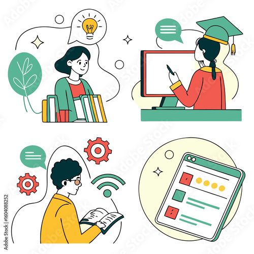 Diverse individuals engage in various learning activities including online education reading and conceptualizing new ideas showcasing modern educational approaches