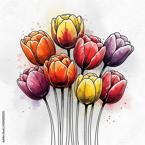 Watercolor Painting of Colorful Tulip Flowers with Black Outlines on a White Background with Watercolor Splatters