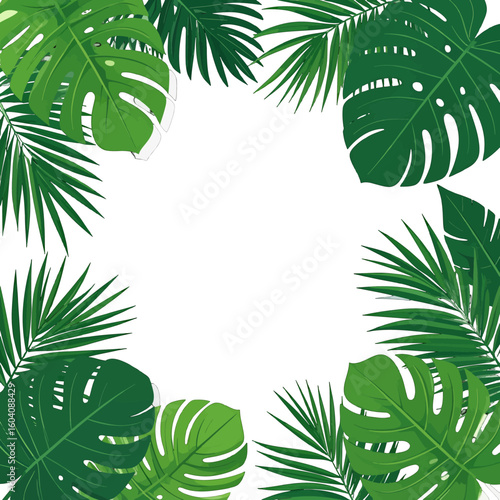Vector composition of green Monstera and palm leaves creating a vibrant tropical frame.