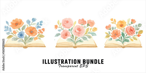 Vector art of watercolor books with floral illustration set