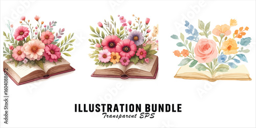 Vector art of watercolor books with vibrant floral bundle