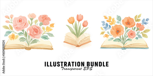 Vector art of watercolor books with floral illustration bundle
