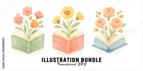 Vector art of watercolor flowers blooming from books art