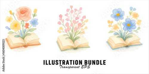 Vector art of watercolor flowers blooming from open books