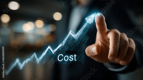 Financial Growth: A business person's finger points towards a digital graph showing rising costs, symbolizing investment and the upward movement of financial performance.