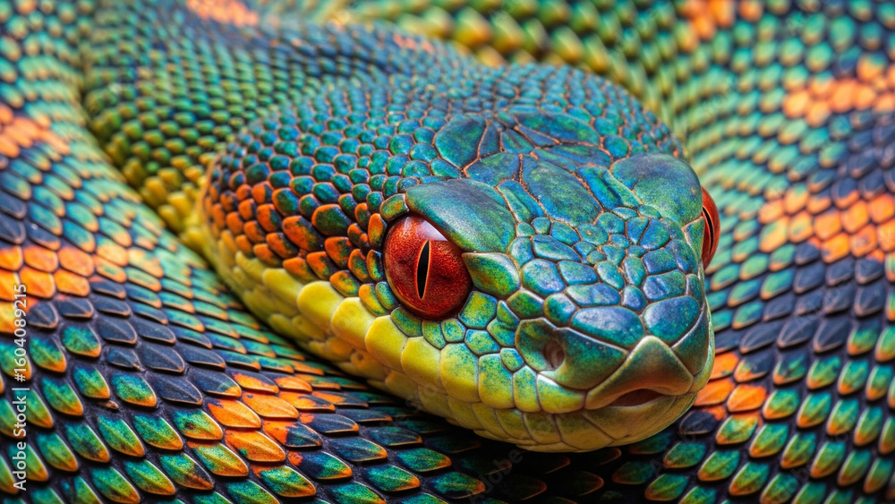 Obraz premium Vibrant Snake Portrait: Close-Up of Colorful Scales and Red Eyes