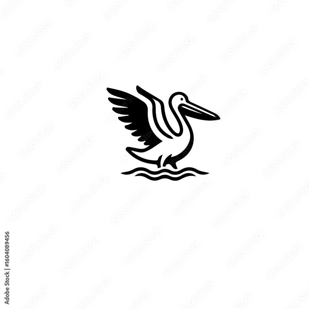 Fototapeta premium A simple black and white illustration of a pelican with its wings spread on water surface design