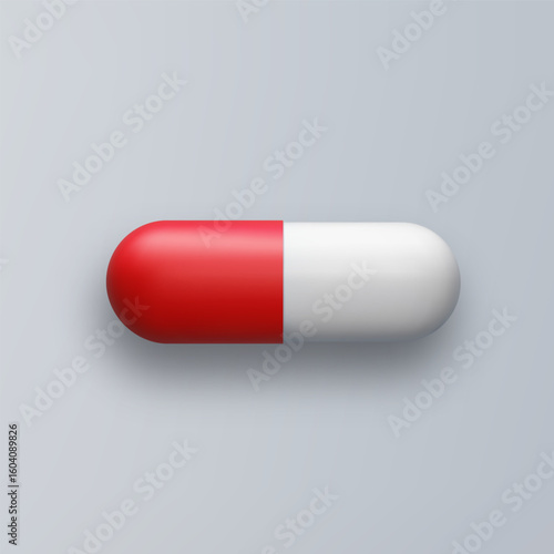 3d pill set white red tablet isolated on gray background. Realistic vector medicament illustration