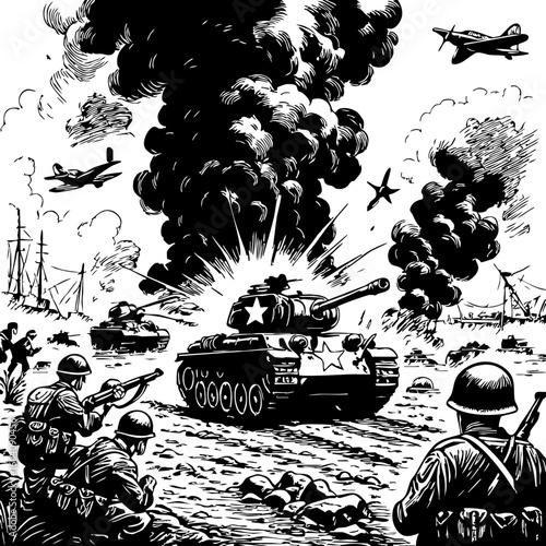 World War II Beach Assault with Exploding Tank and Fighter Planes – Black and White Military Illustration