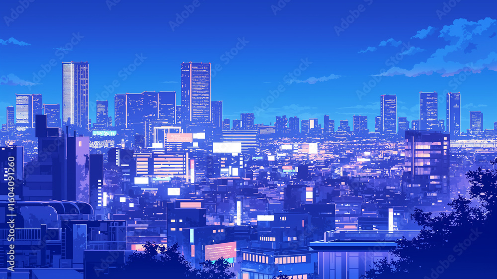 Fototapeta premium 深夜の静けさに包まれた高層ビルの街並みをアニメ調で描いた都市風景｜ネオン光｜夜のビル街｜昭和ノスタルジー｜80年代風景｜シティポップテイスト｜レトロアニメ背景素材に最適