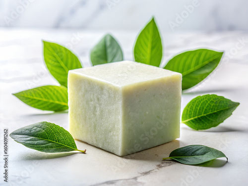 Wallpaper Mural Natural handmade soap bar surrounded by fresh green leaves on a marble surface Torontodigital.ca