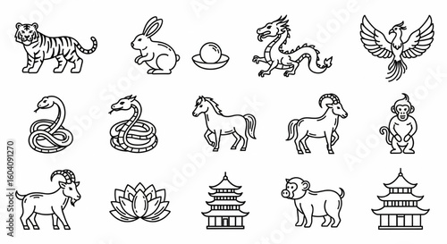 Chinese Zodiac Line Icon Set – Tiger, Dragon, Rabbit, Snake, Horse, Goat, Phoenix, Monkey, Pearl, Lotus, Pagoda Vector


