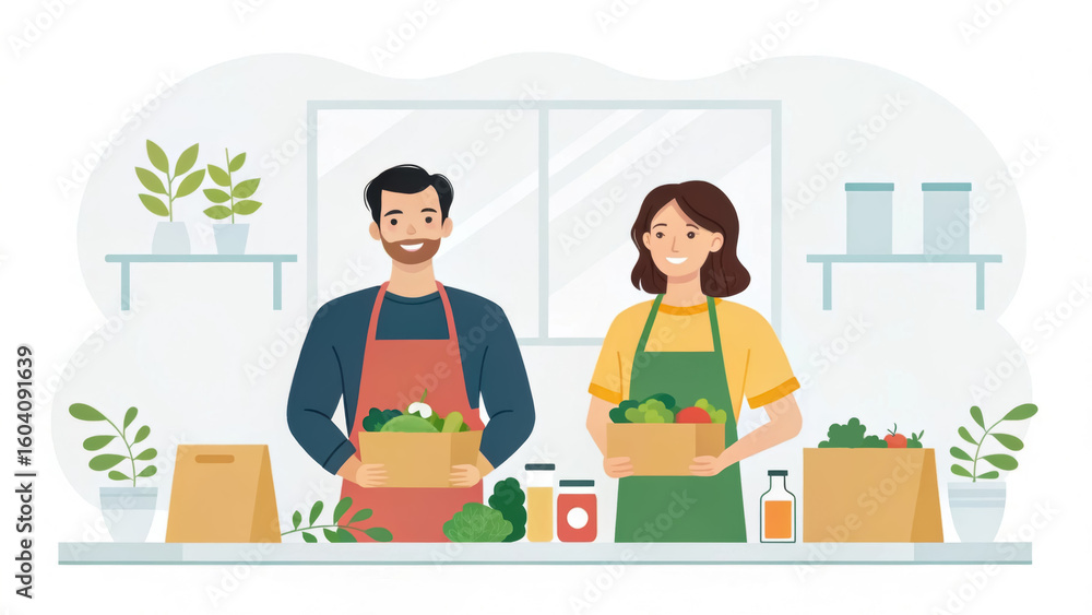 Fototapeta premium Zero waste. Happy couple in aprons holding grocery boxes in a bright kitchen with plants.