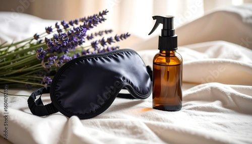 Relaxing Nighttime Routine with Sleep Mask, Spray Bottle, and Lavender