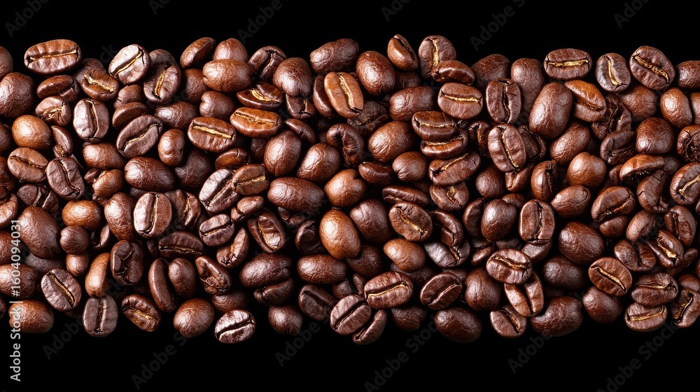 Fototapeta premium Abstract Unique Macro Image Concept. Freshly Roasted Coffee Beans Spread Across Black Background for Rich Aromatic Experience