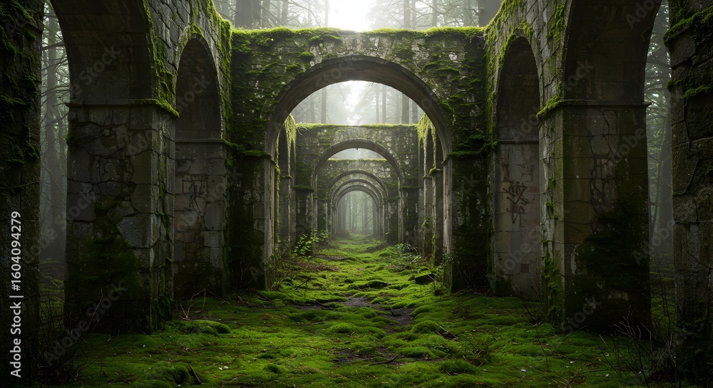 Fototapeta premium Enigmatic Mossy Ruins in a Misty Forest