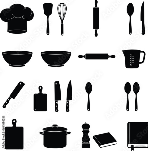 Black & White Kitchen Cooking & Baking Essentials Set: Chef Hat, Utensils, Bowls, Pots, Knives, and Cookbooks for Culinary & Home Kitchen Designs.