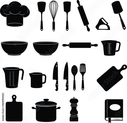 Black & White Kitchen Cooking & Baking Essentials Set: Chef Hat, Utensils, Bowls, Pots, Knives, and Cookbooks for Culinary & Home Kitchen Designs.
